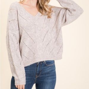 Beige Open Knit V-neck Sweater